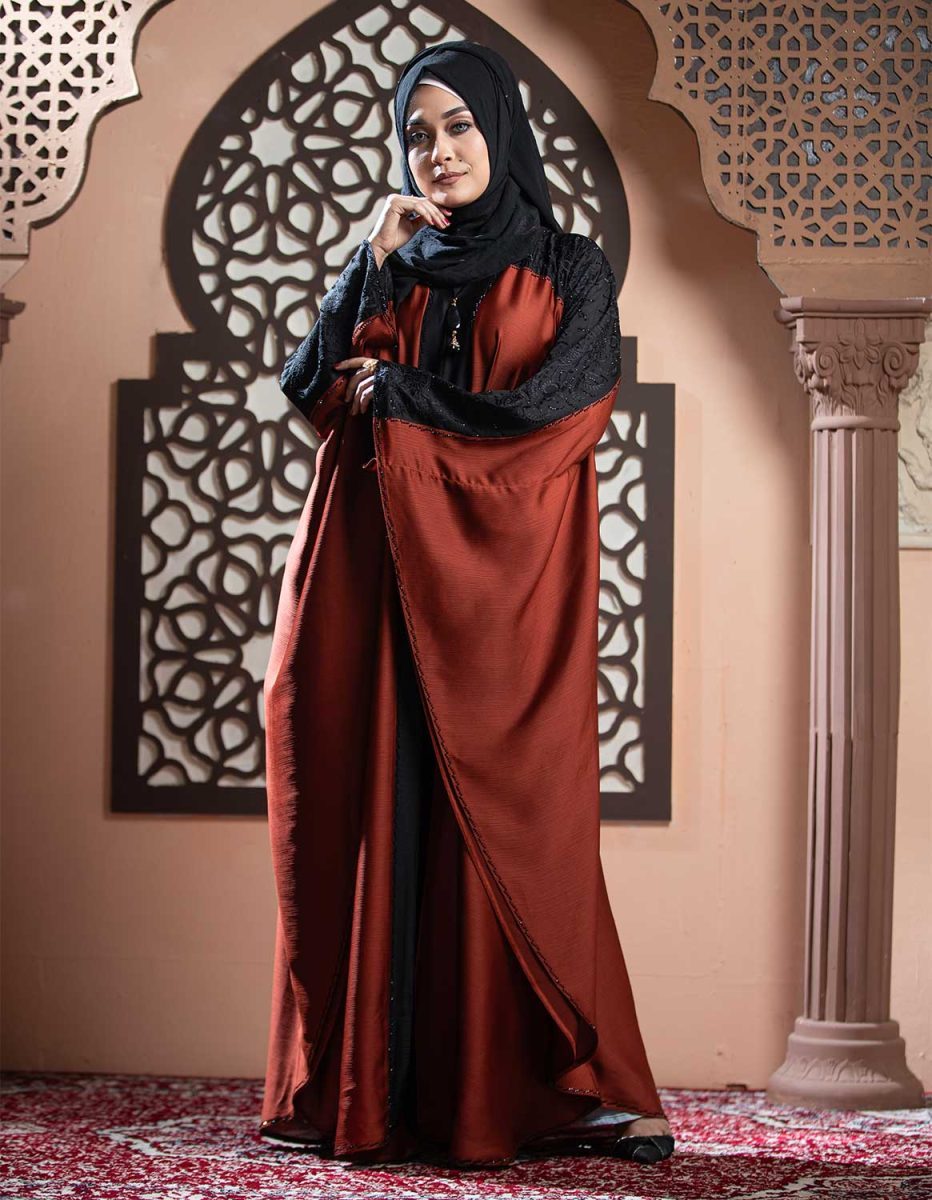 Black & Maroon Color Abaya with Embroidery & Stone Work