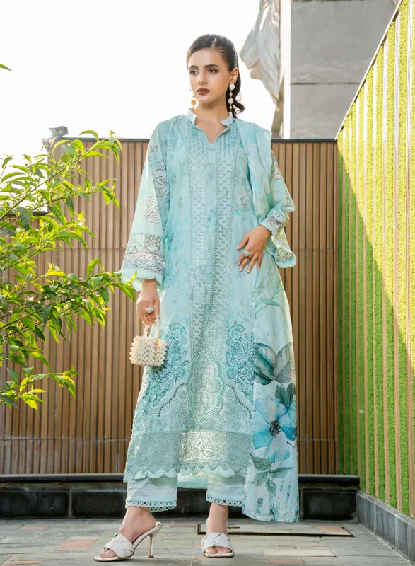 Capri Aalaya – Aqua Blue Floral Embroidered 3 Piece