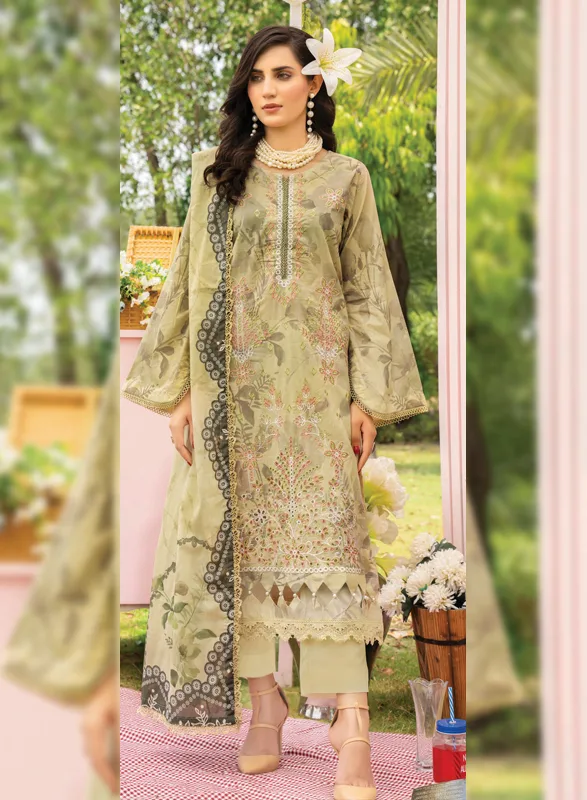 Gianna Johra – Olive Green Floral Printed 3 Piece