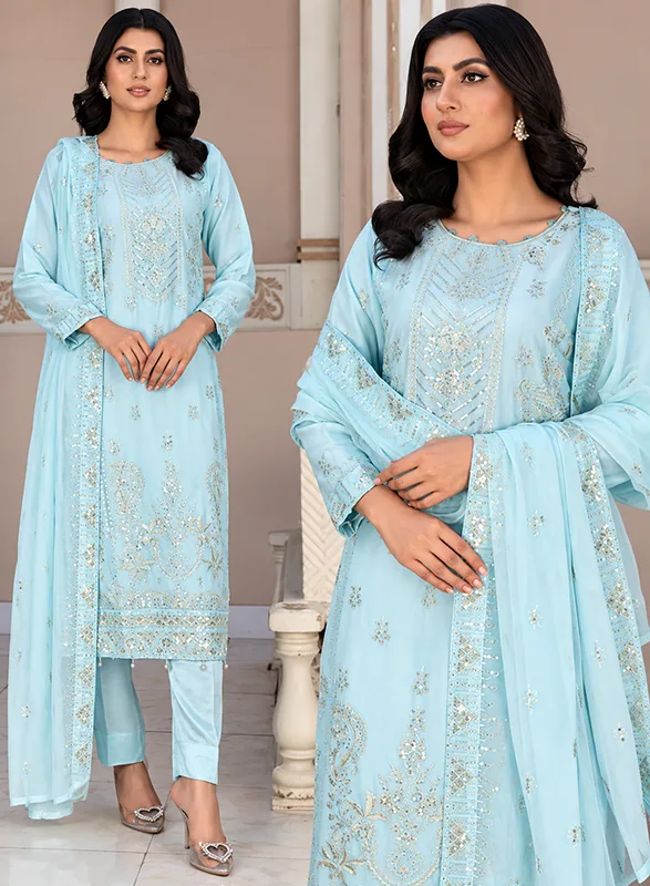 Bin Shakeel – Sky Blue Embroidered 3 Piece
