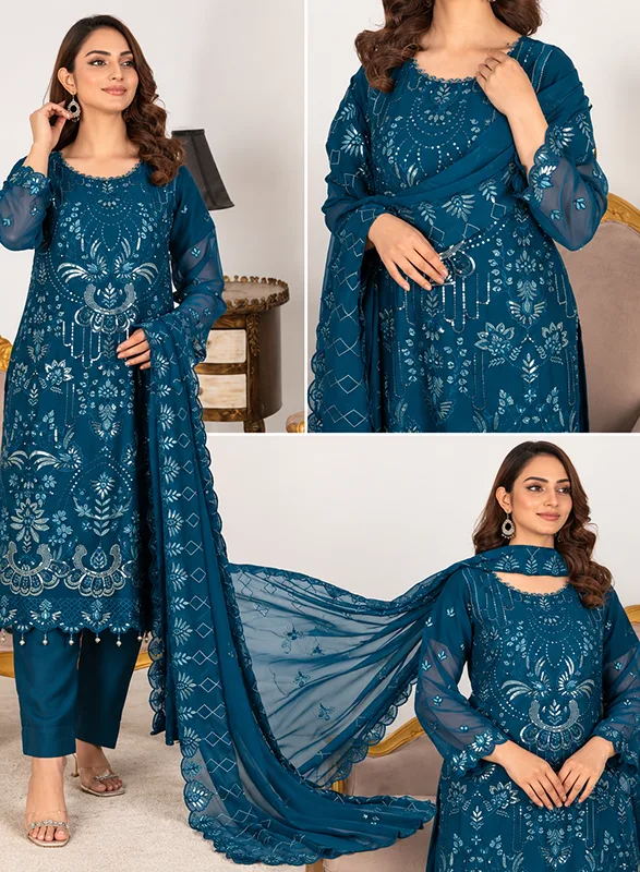 Bin Shakeel – Teal Blue Embroidered 3 Piece