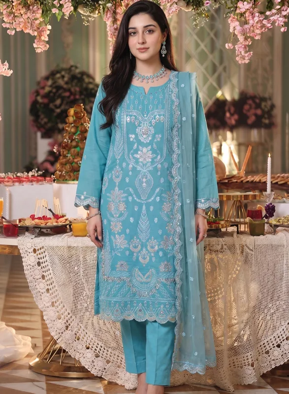 Sahiba Irfan Turquoise Blue Embroidered 3 Piece